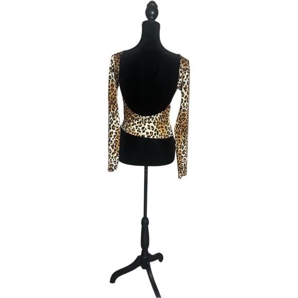 Unbranded Leopard Print Brown/Black Long Sleeve Stretchy Fitted Women's Crop Top - Picture 5 of 16